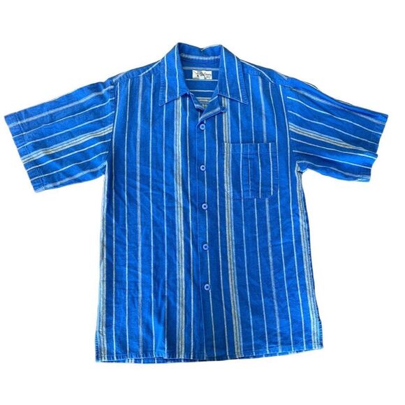 Smokey Joe’s Linen Blend Blue Yellow Stripes Button Down Medium 80s - Picture 3 of 11